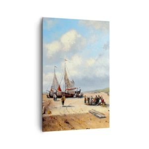 Obraz na płótnie - Rybackie łodzie na plaży z postaciami ludzi - 80x120cm - Po udanym połowie - Nowoczesna dekoracja ścienna do salonu i sypialni ARTTOR