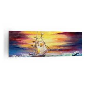 Obraz na płótnie - Żaglowiec na tle kolorowego zachodu słońca - 160x50cm - Dzielnie pod fale - Nowoczesna dekoracja ścienna do salonu i sypialni ARTTOR