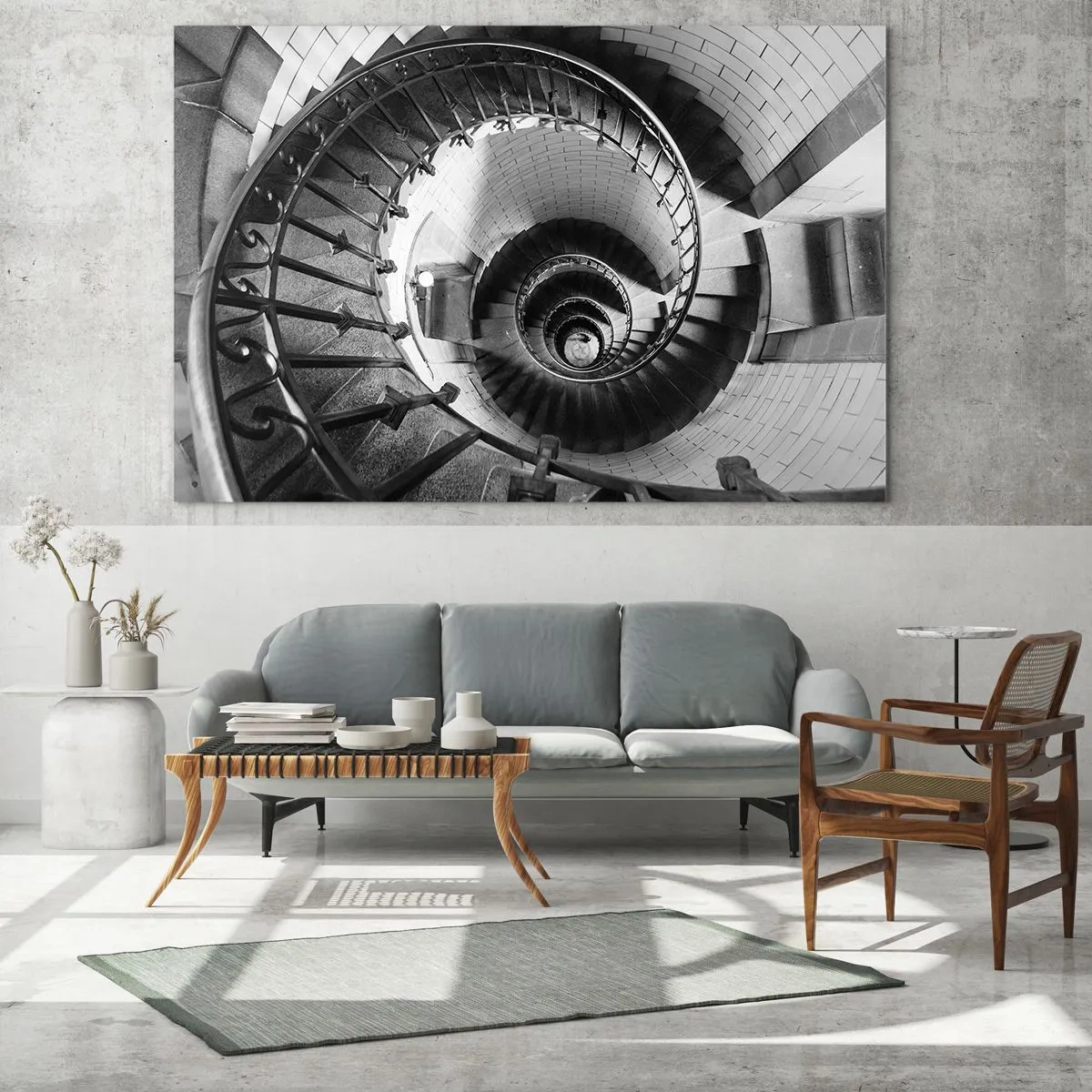 Obraz na szkle - Czarno-białe zdjęcie spiralnych schodów w perspektywie - 100x70cm - Wyżej i wyżej - Nowoczesna dekoracja ścienna do salonu, kuchni i sypialni ARTTOR