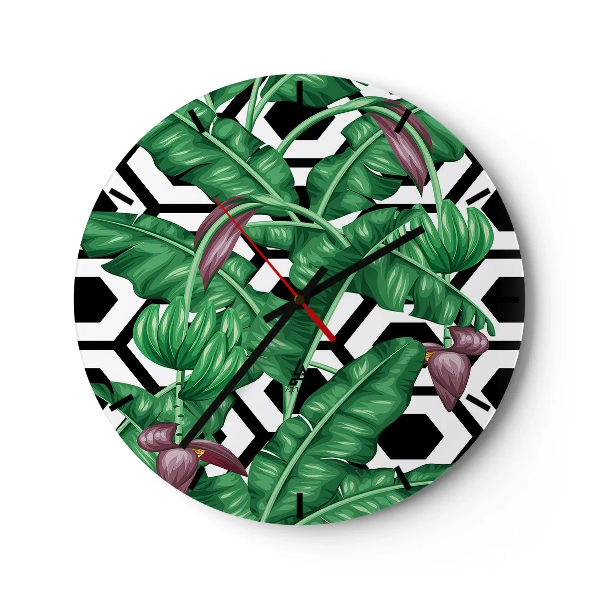 Zegar ścienny - Tropikalne liście bananowca na geometrycznym tle - 30x30cm - Kompozycja symetryczna z natury - Nowoczesna dekoracja ścienna do salonu, kuchni i sypialni ARTTOR