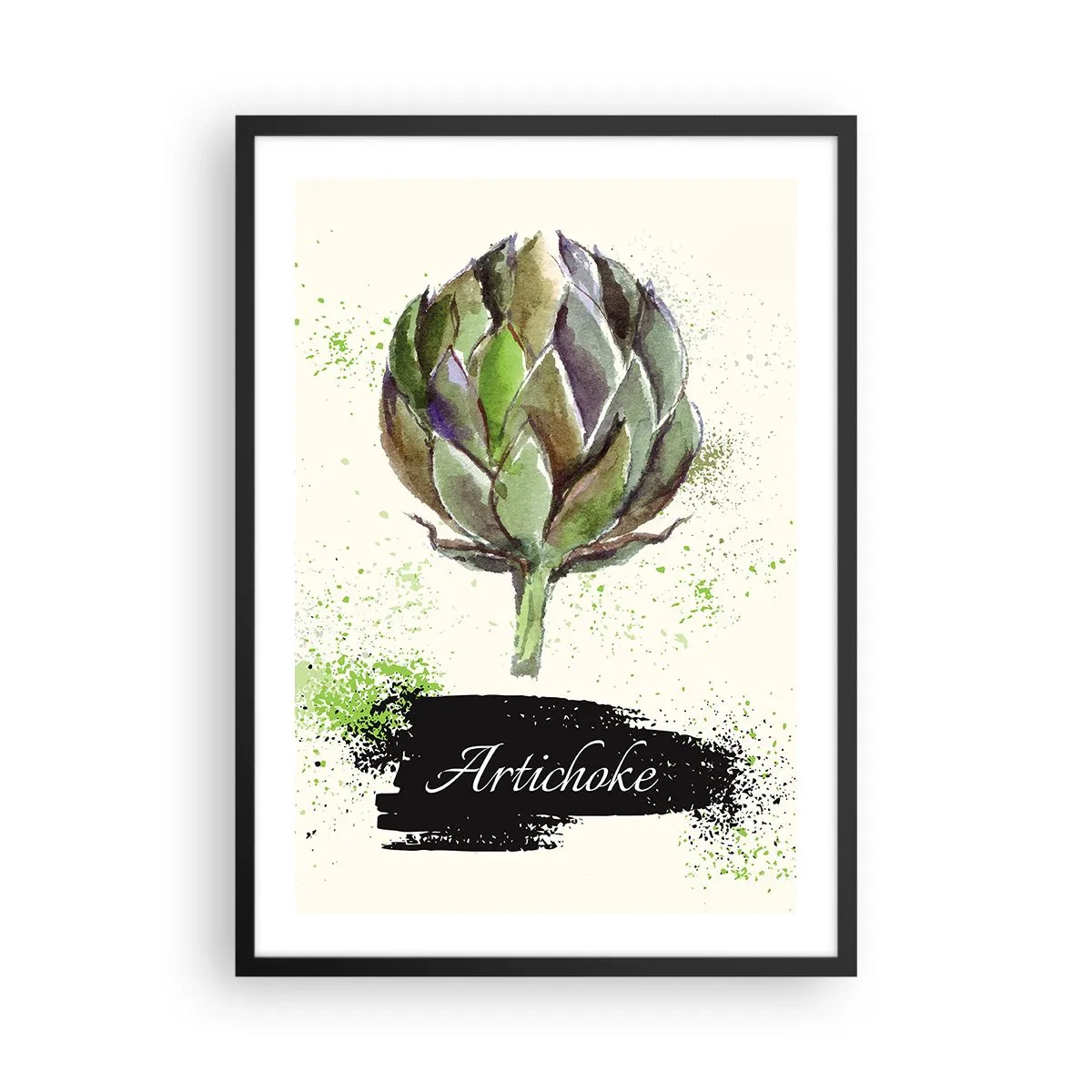 Plakat w czarnej ramie - Akwarelowa ilustracja karczocha na jasnym tle - 50x70cm - Eviva warzywa! - Nowoczesna dekoracja ścienna do salonu i sypialni ARTTOR