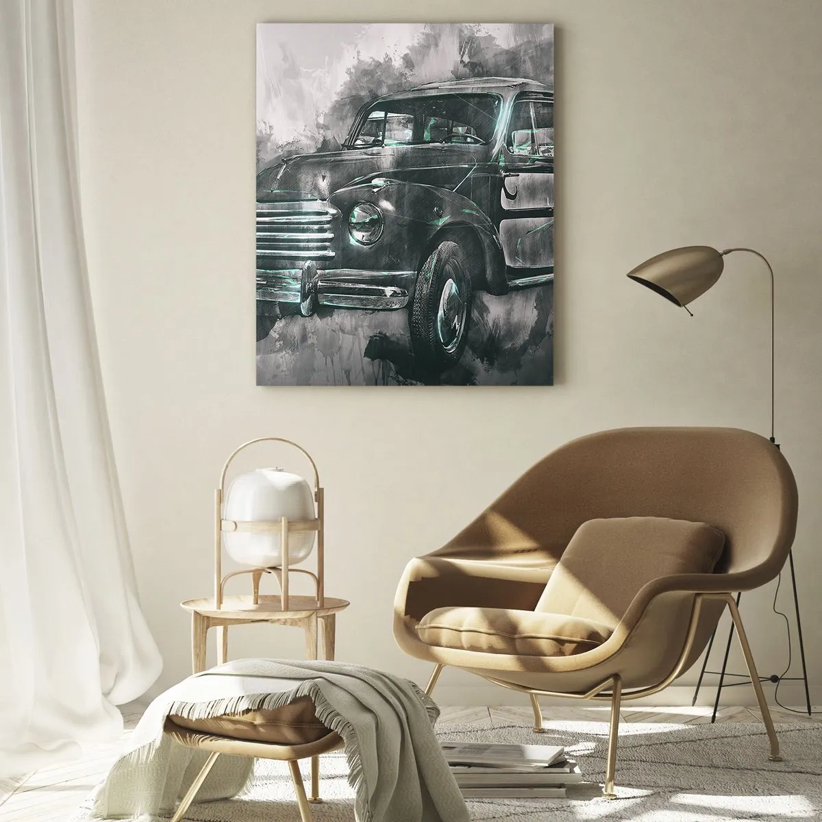 Obraz na szkle - Stary samochód w odcieniach szarości i turkusu - 50x70cm - Szacowny przodek - Nowoczesna dekoracja ścienna do salonu, kuchni i sypialni ARTTOR