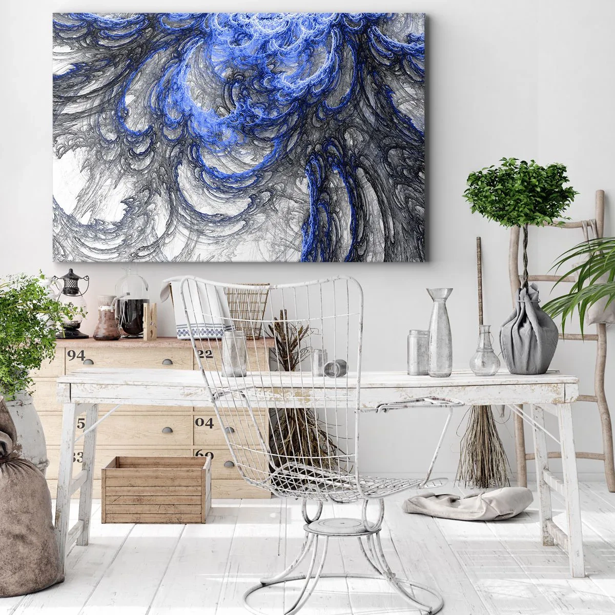 Obraz na płótnie - Abstrakcyjne fale w odcieniach niebieskiego i szarego - 70x50cm - Narodziny fali - Nowoczesna dekoracja ścienna do salonu i sypialni ARTTOR