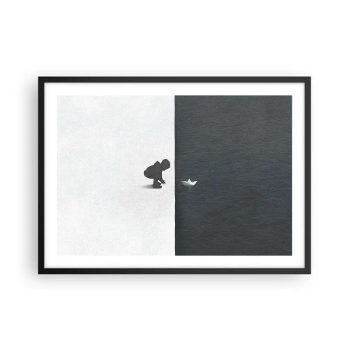 Plakat w czarnej ramie - Postać dziecka z papierową łódką na tle kontrastowych połówek - 70x50cm - Wielka wyprawa - Nowoczesna dekoracja ścienna do salonu i sypialni ARTTOR