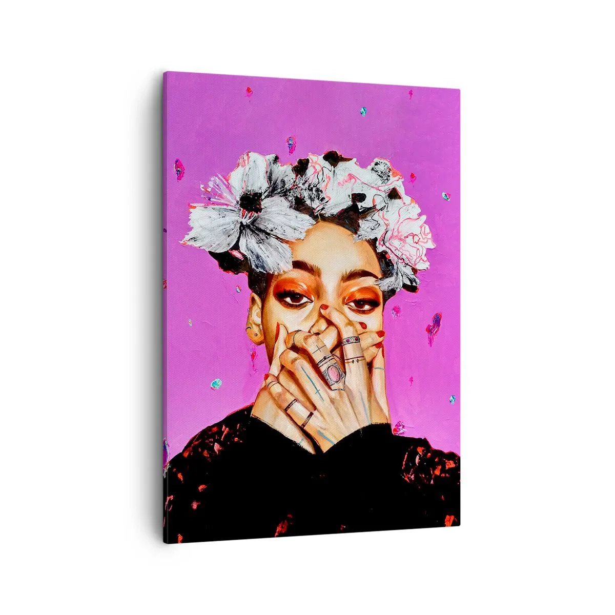 Obraz na płótnie - Portret kobiety na różowym tle z kwiatami we włosach - 50x70cm - Trochę szalona - Nowoczesna dekoracja ścienna do salonu, kuchni i sypialni ARTTOR
