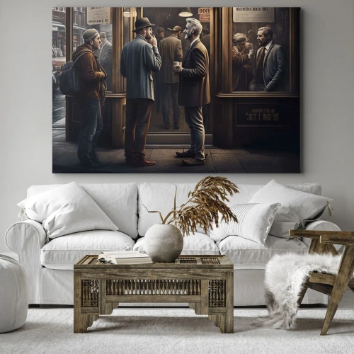Obraz na płótnie - Dobra chwila dnia - Scena uliczna z ludźmi przed kawiarnią w stylu retro - 70x50cm