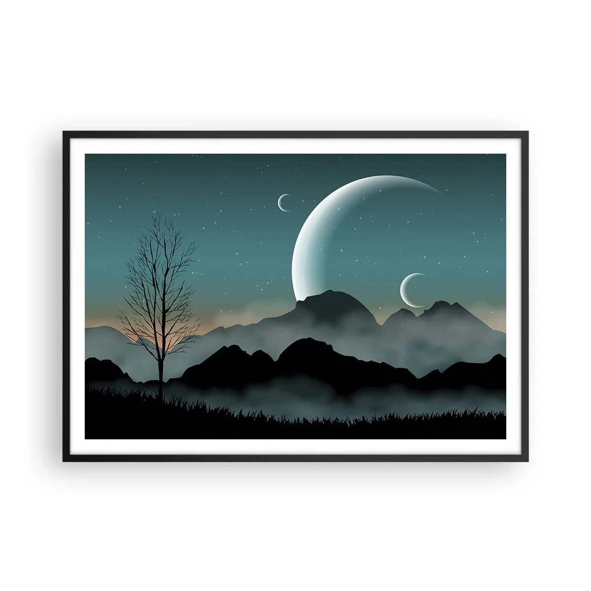 Plakat w czarnej ramie - Mgliste góry z księżycem i samotnym drzewem - 100x70cm - Karnawał gwiaździstej nocy - Nowoczesna dekoracja ścienna do salonu i sypialni ARTTOR