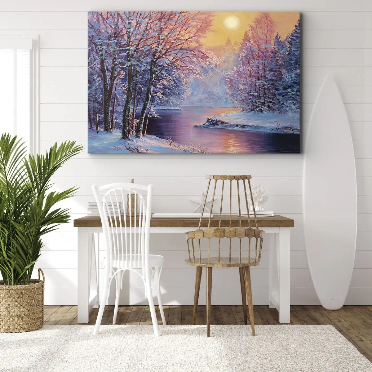 Obraz na płótnie - Zimowy krajobraz z rzeką i drzewami o wschodzie słońca - 70x50cm - Barwy zimy - Nowoczesna dekoracja ścienna do salonu i sypialni ARTTOR