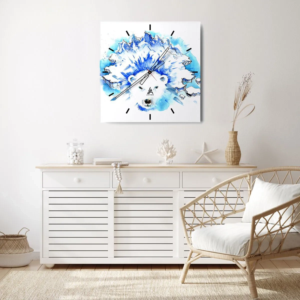 Zegar ścienny - Artystyczna akwarela niedźwiedzia polarnego z lodowym motywem - 30x30cm - Król Arktyki w lodowej koronie - Nowoczesna dekoracja ścienna do salonu i sypialni ARTTOR