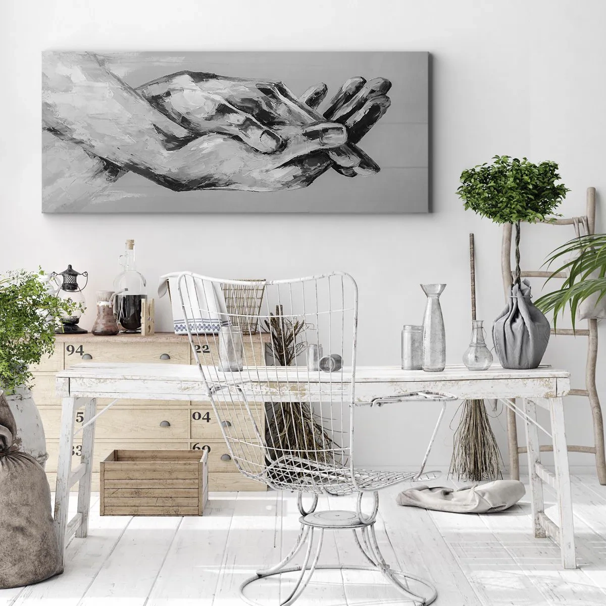Obraz na płótnie - Czarno-biała kompozycja dwóch splecionych dłoni na jasnym tle - 160x50cm - Początek… - Nowoczesna dekoracja ścienna do salonu i sypialni ARTTOR