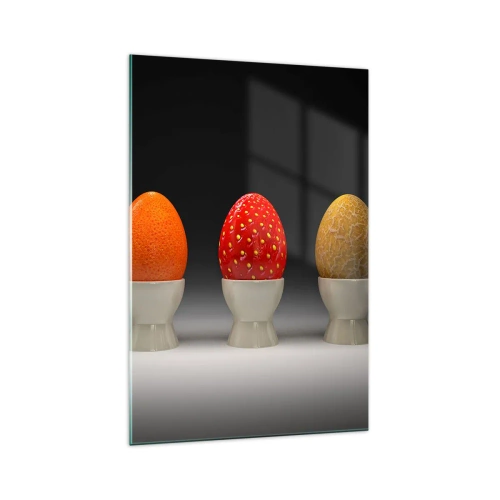 Obraz na szkle - Kolorowe jajka przypominające owoce na ciemnym tle - 70x100cm - Owocowe śniadanie - Nowoczesna dekoracja ścienna do salonu i sypialni ARTTOR
