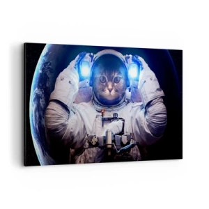 Obraz na płótnie - Kot w stroju astronauty z Ziemią w tle i jasnym światłem - 120x80cm - Houston, macie problem - Nowoczesna dekoracja ścienna do salonu, kuchni i sypialni ARTTOR