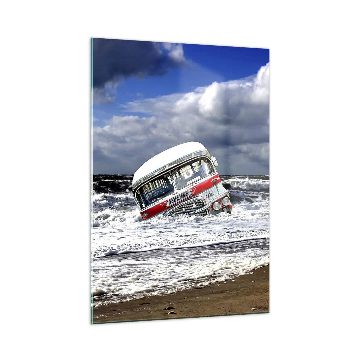 Obraz na szkle - Stary autobus w wodach wzburzonego morza - 50x70cm - I co się dziwisz? - Nowoczesna dekoracja ścienna do salonu, kuchni i sypialni ARTTOR