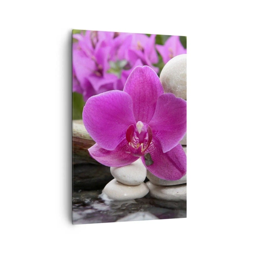 Obraz na płótnie - Fioletowa orchidea, kamienie i bambus z wodą w relaksacyjnym otoczeniu - 80x120cm - Już odpoczywasz - Nowoczesna dekoracja ścienna do salonu i sypialni ARTTOR