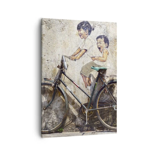 Obraz na płótnie - Mural dzieci na rowerze - 50x70cm - Prawda czy fałsz? - Nowoczesna dekoracja ścienna do salonu, kuchni i sypialni ARTTOR