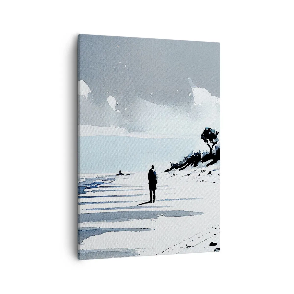 Obraz na płótnie - Minimalistyczna akwarela przedstawiająca samotną postać spacerującą po plaży - 50x70cm - Sam na sam - Nowoczesna dekoracja ścienna do salonu, kuchni i sypialni ARTTOR