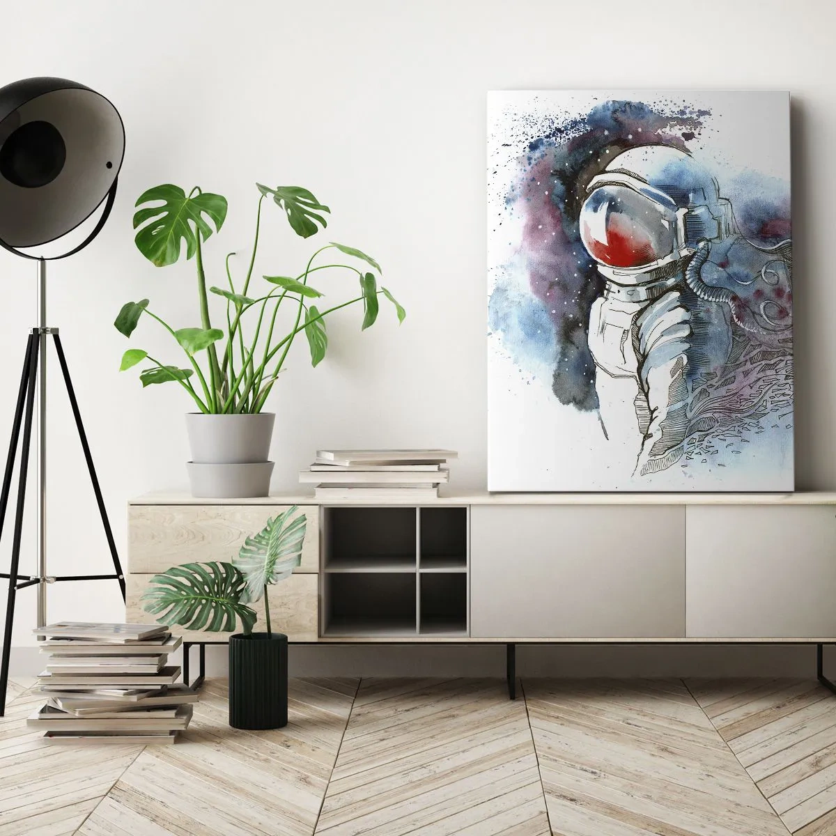 Obraz na płótnie - Astronauta w przestrzeni kosmicznej, malowany akwarelą z intensywnymi odcieniami niebieskiego, czerwonego i czarnego - 50x70cm - Sam na sam z kosmosem - Nowoczesna dekoracja ścienna do salonu, kuchni i sypialni ARTTOR
