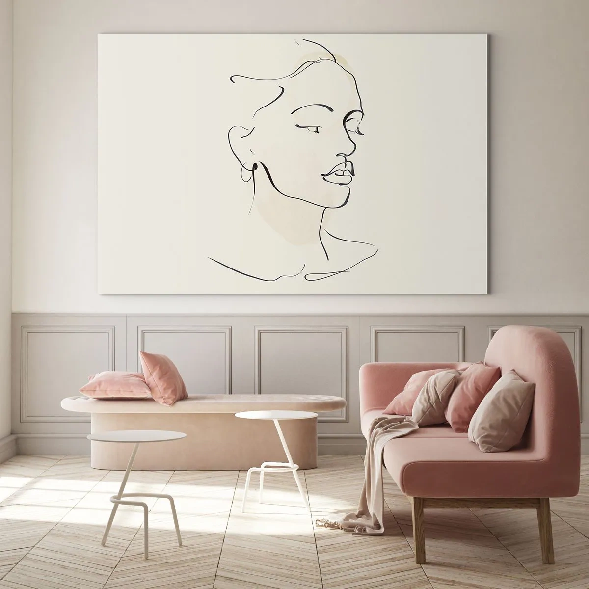 Obraz na szkle - Kobiecy portret linearny na jasnym tle z delikatnymi cieniami - 70x50cm - Pewną kreską - Nowoczesna dekoracja ścienna do salonu i sypialni ARTTOR