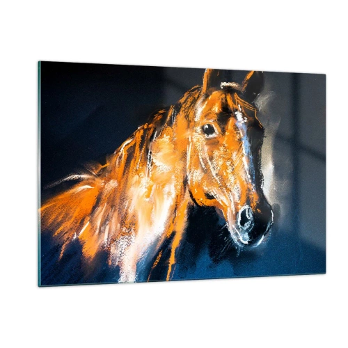 Obraz na szkle - Portret konia w intensywnych odcieniach brązu na ciemnym tle - 120x80cm - To co, jedziesz? - Nowoczesna dekoracja ścienna do salonu, kuchni i sypialni ARTTOR