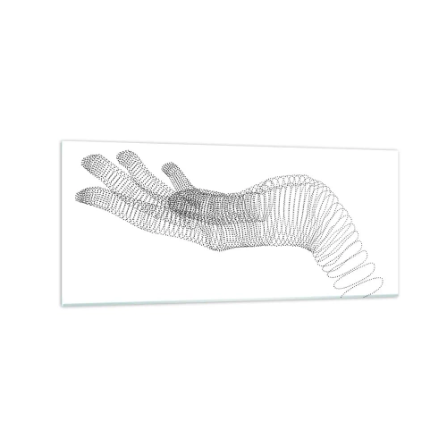 Obraz na szkle - Minimalistyczna ilustracja dłoni stworzona z czarnych kropek na białym tle - 120x50cm - Sprężysta dłoń - Nowoczesna dekoracja ścienna do salonu i sypialni ARTTOR