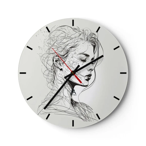 Zegar ścienny - Czarno-biały szkic kobiecej twarzy w zamyśleniu - 30x30cm - Portret w zamyśleniu - Nowoczesna dekoracja ścienna do salonu, kuchni i sypialni ARTTOR