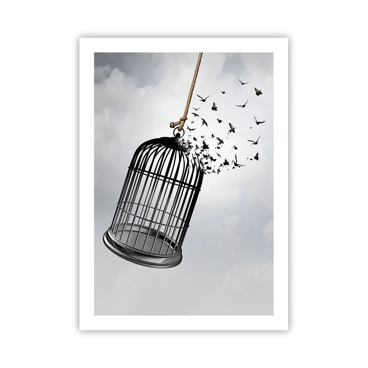 Plakat - Ptaki wylatujące z otwartej klatki na tle chmur - 50x70cm - Wiara...Nadzieja...Wolność! - Nowoczesna dekoracja ścienna do salonu, kuchni i sypialni ARTTOR