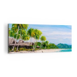 Obraz na płótnie - Egzotyczna plaża z palmami i łodzią przy brzegu - 120x50cm - Egzotyczny sen - Nowoczesna dekoracja ścienna do salonu i sypialni ARTTOR
