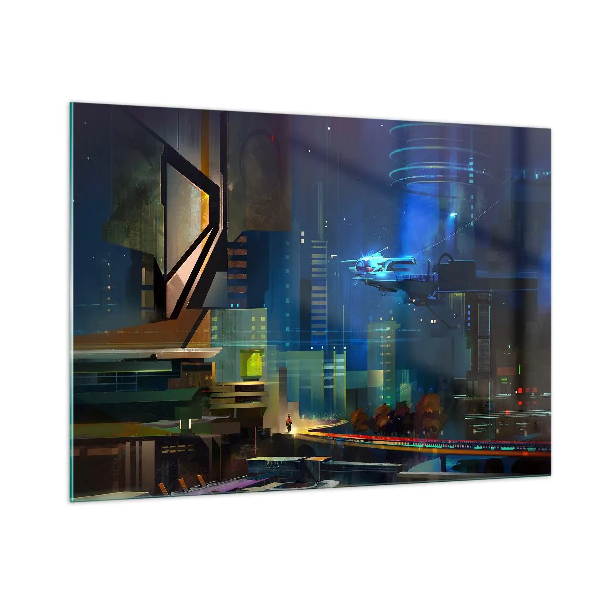 Obraz na szkle - Futurystyczne miasto nocą z neonowymi światłami i latającym pojazdem - 100x70cm - W niedalekiej przyszłości - Nowoczesna dekoracja ścienna do salonu, kuchni i sypialni ARTTOR
