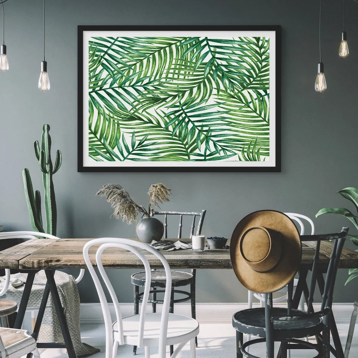 Plakat w czarnej ramie - Zielone liście tropikalnych palm na jasnym tle - 70x50cm - Pod zielonym baldachimem - Nowoczesna dekoracja ścienna do salonu i sypialni ARTTOR