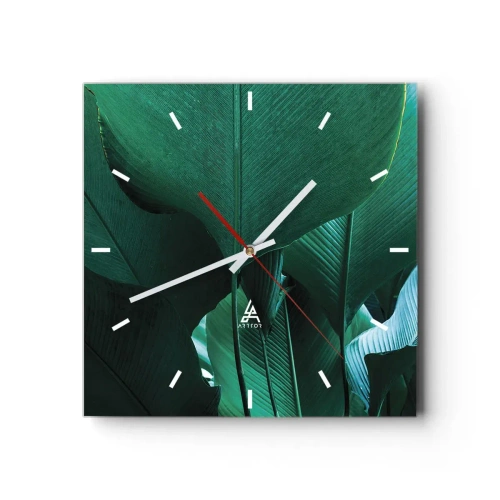 Zegar ścienny - Zielone liście w minimalistycznej kompozycji - 30x30cm - Zwrócone do światła - Nowoczesna dekoracja ścienna do salonu i sypialni ARTTOR