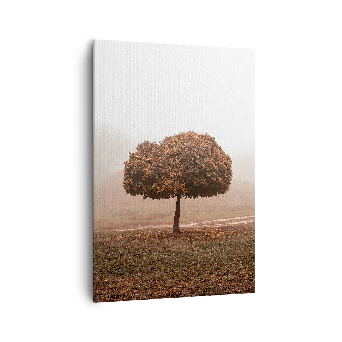 Obraz na płótnie - Jesienne drzewo samotnie stojące we mgle na tle pagórkowatego krajobrazu - 70x100cm - Po pracowitym lecie - Nowoczesna dekoracja ścienna do salonu i sypialni ARTTOR