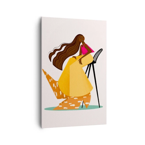 Obraz na płótnie - Stylizowana postać kobiety w kolorowej sukni siedząca na krześle - 80x120cm - Moda to też zabawa - Nowoczesna dekoracja ścienna do salonu i sypialni ARTTOR
