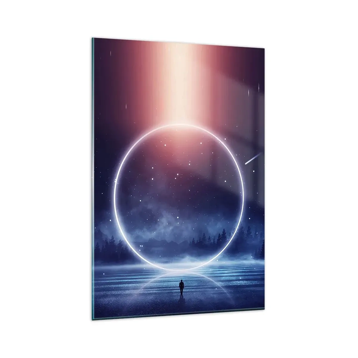 Obraz na szkle - Magiczny krajobraz z postacią i świetlistym kręgiem nocą - 80x120cm - Już tu są… - Nowoczesna dekoracja ścienna do salonu i sypialni ARTTOR