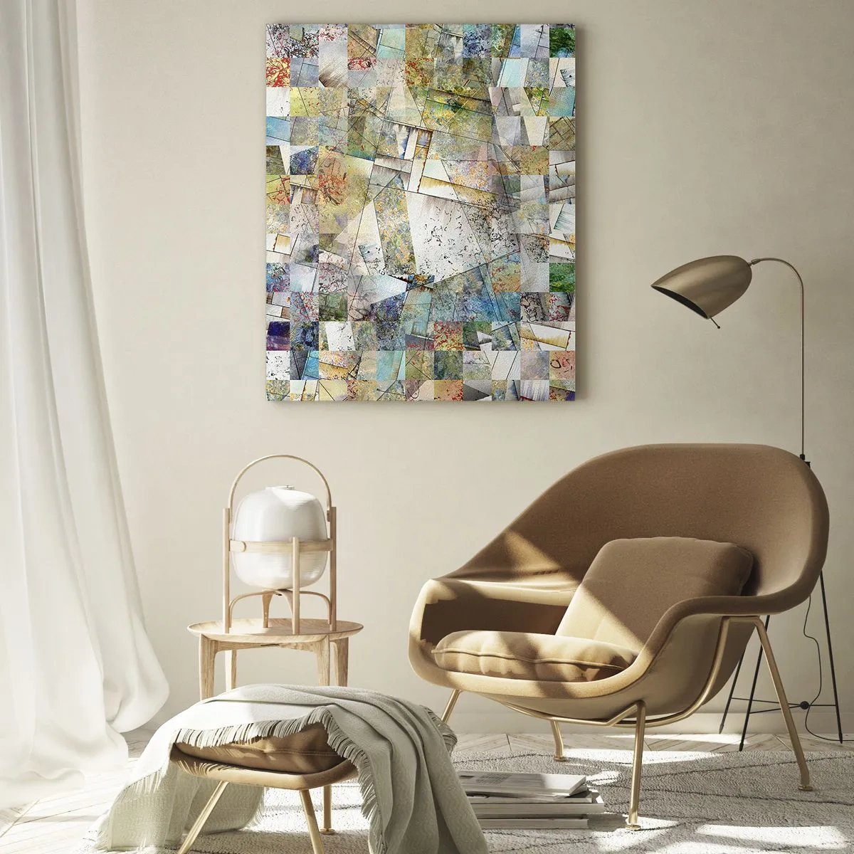 Obraz na szkle - Kolorowa kompozycja z pofragmentowanych geometrycznych kształtów - 50x70cm - Geometryczne przetasowanie - Nowoczesna dekoracja ścienna do salonu, kuchni i sypialni ARTTOR