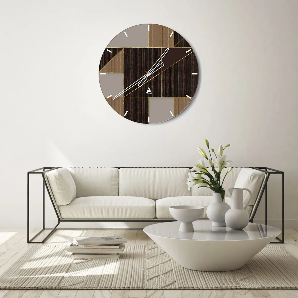 Zegar ścienny - Nowoczesna mozaika z brązami, beżem i złotymi liniami - 30x30cm - Mozaika brązów i złota - Nowoczesna dekoracja ścienna do salonu, kuchni i sypialni ARTTOR