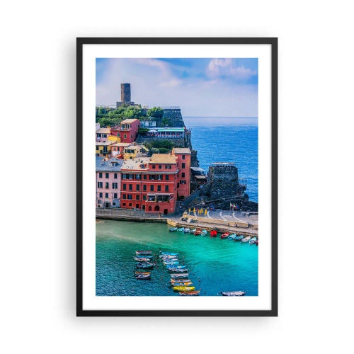 Plakat w czarnej ramie - Kolorowe miasteczko nad błękitnym morzem - 50x70cm - Śródziemnomorskie magiczne miasteczko - Nowoczesna dekoracja ścienna do salonu i sypialni ARTTOR