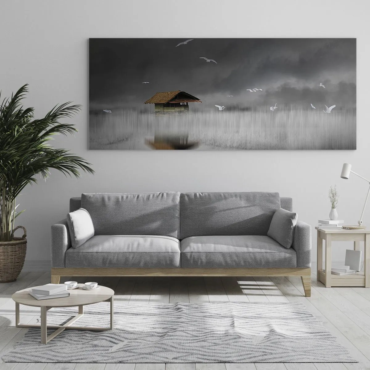 Obraz na szkle - Samotna chata na wodzie otoczona mgłą i ptakami - 120x50cm - Schronienie przed deszczem - Nowoczesna dekoracja ścienna do salonu i sypialni ARTTOR