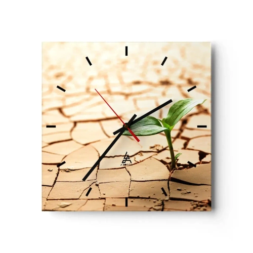 Zegar ścienny - Zielona roślina wyrastająca z suchej, popękanej ziemi - 30x30cm - Nieposkromiona siła życia - Nowoczesna dekoracja ścienna do salonu i sypialni ARTTOR