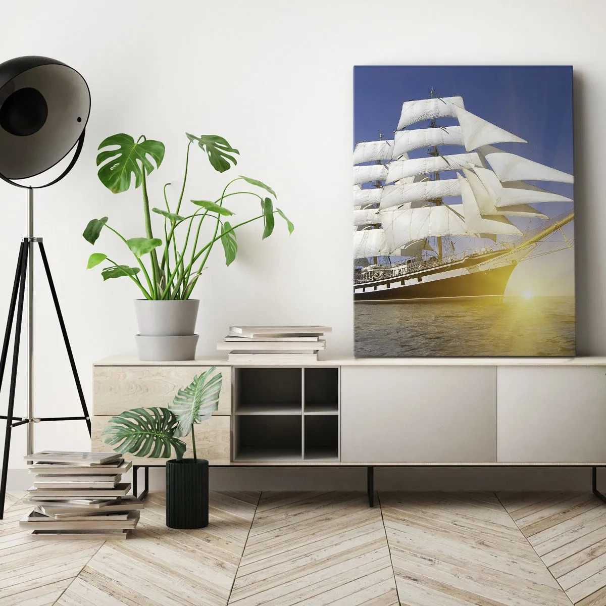 Obraz na płótnie - Wielki żaglowiec z białymi żaglami na tle błękitnego nieba i zachodzącego słońca - 50x70cm - Ich czas nigdy nie przeminie - Nowoczesna dekoracja ścienna do salonu, kuchni i sypialni ARTTOR