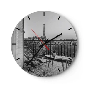 Zegar ścienny - Widok z balkonu na wieżę Eiffla w czerni i bieli - 30x30cm - Paryskie popołudnie - Nowoczesna dekoracja ścienna do salonu, kuchni i sypialni ARTTOR