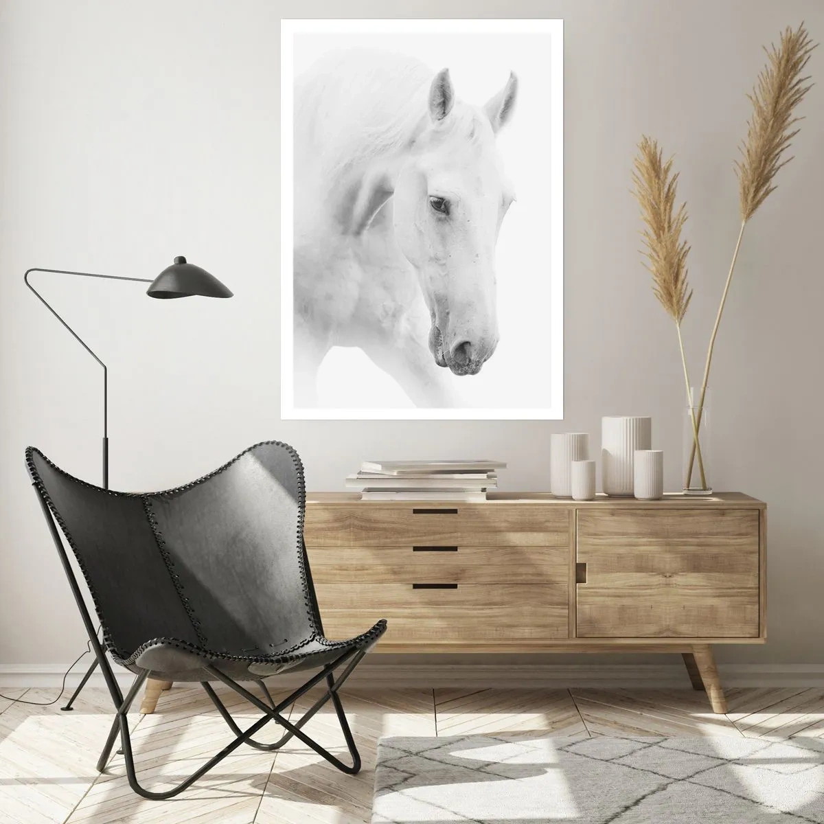 Plakat - Portret białego konia w minimalistycznym stylu - 50x70cm - Czy to jest przyjaźń…? - Nowoczesna dekoracja ścienna do salonu, kuchni i sypialni ARTTOR