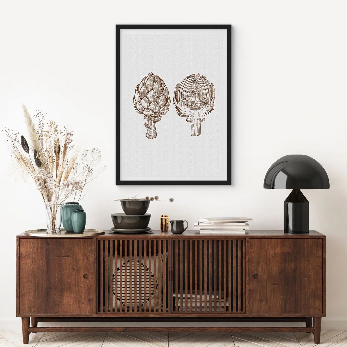 Plakat w czarnej ramie - Ilustracja dwóch karczochów w stylu vintage - 50x70cm - Lekcja anatomii - Nowoczesna dekoracja ścienna do salonu i sypialni ARTTOR