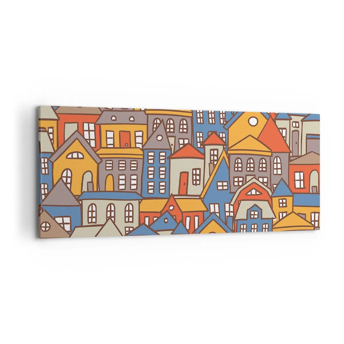 Obraz na płótnie - Kolorowe domki w stylu graficznym na jasnym tle - 120x50cm - Za domem dom - Nowoczesna dekoracja ścienna do salonu i sypialni ARTTOR
