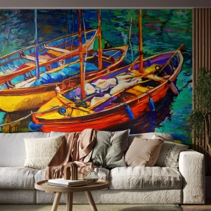 Fototapeta Premium Sand - Kolorowe żaglówki na wodzie w malarskim stylu - 100x70cm - Na wodzie gęstej od barw - Nowoczesna dekoracja ścienna do salonu, kuchni i sypialni ARTTOR