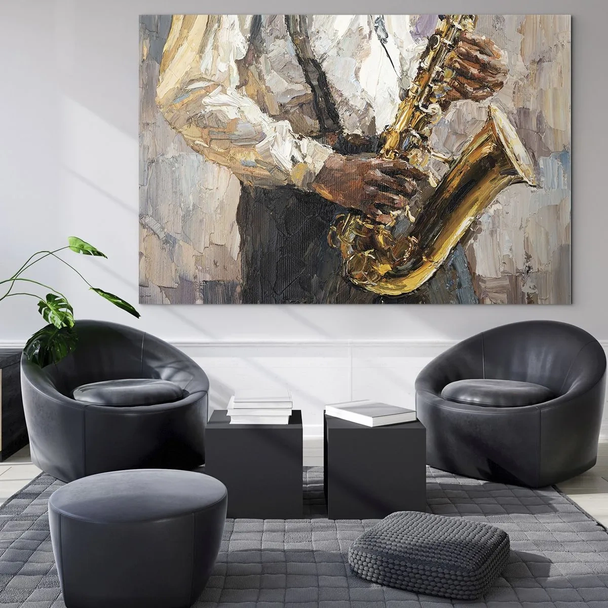 Obraz na szkle - Muzyk grający na saksofonie namalowany techniką impasto - 70x50cm - Czas na solo - Nowoczesna dekoracja ścienna do salonu i sypialni ARTTOR