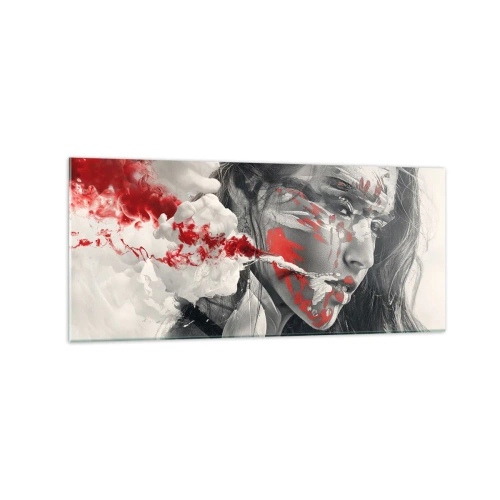 Obraz na szkle - Artystyczny portret kobiety z abstrakcyjnymi czerwonymi akcentami - 120x50cm - W oparach absurdu - Nowoczesna dekoracja ścienna do salonu i sypialni ARTTOR