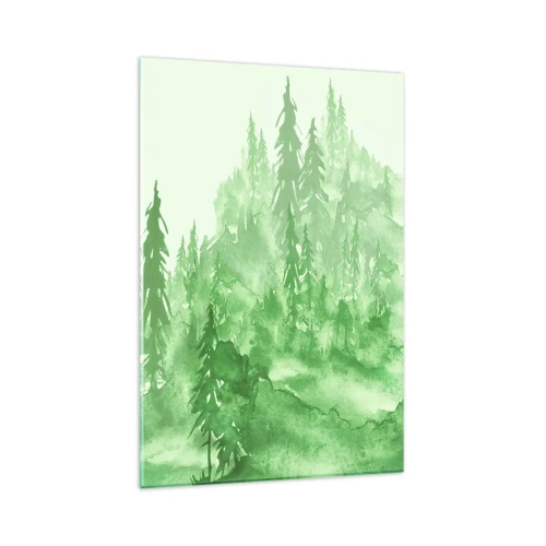 Obraz na szkle - Zielony las w stylu akwareli na jasnym tle - 80x120cm - Rozmyty zieloną mgłą - Nowoczesna dekoracja ścienna do salonu i sypialni ARTTOR