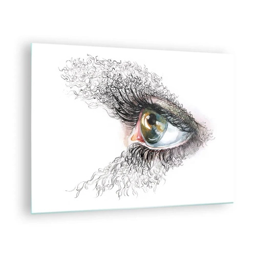 Obraz na szkle - Złote oko otoczone dynamicznymi liniami i abstrakcyjnymi detalami - 70x50cm - Zajrzyj wprost do duszy - Nowoczesna dekoracja ścienna do salonu i sypialni ARTTOR