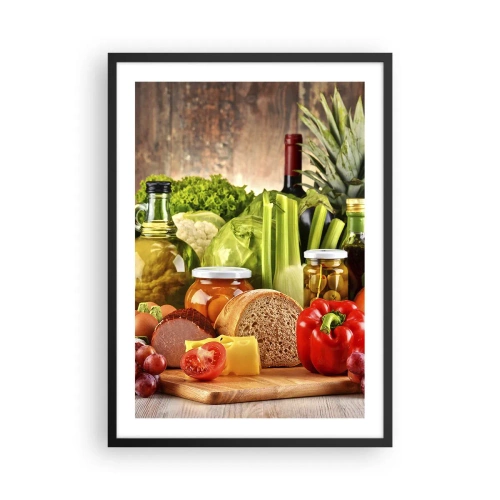 Plakat w czarnej ramie - Kolorowe warzywa i produkty spożywcze na drewnianym tle - 50x70cm - Wędzone, pieczone, marynowane - Nowoczesna dekoracja ścienna do salonu i sypialni ARTTOR