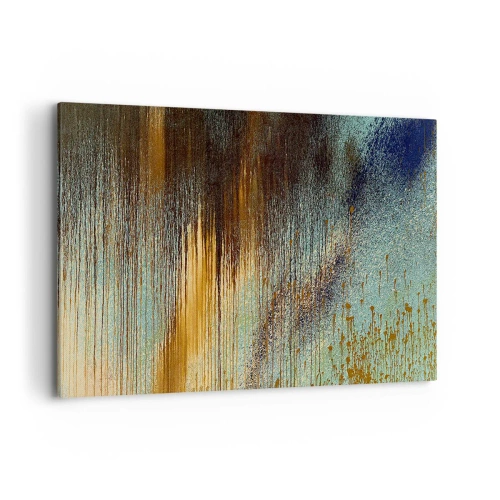 Obraz na płótnie - Abstrakcyjna kompozycja barw w odcieniach złota, brązu i błękitu - 120x80cm - Nieprzypadkowa barwna kompozycja - Nowoczesna dekoracja ścienna do salonu, kuchni i sypialni ARTTOR
